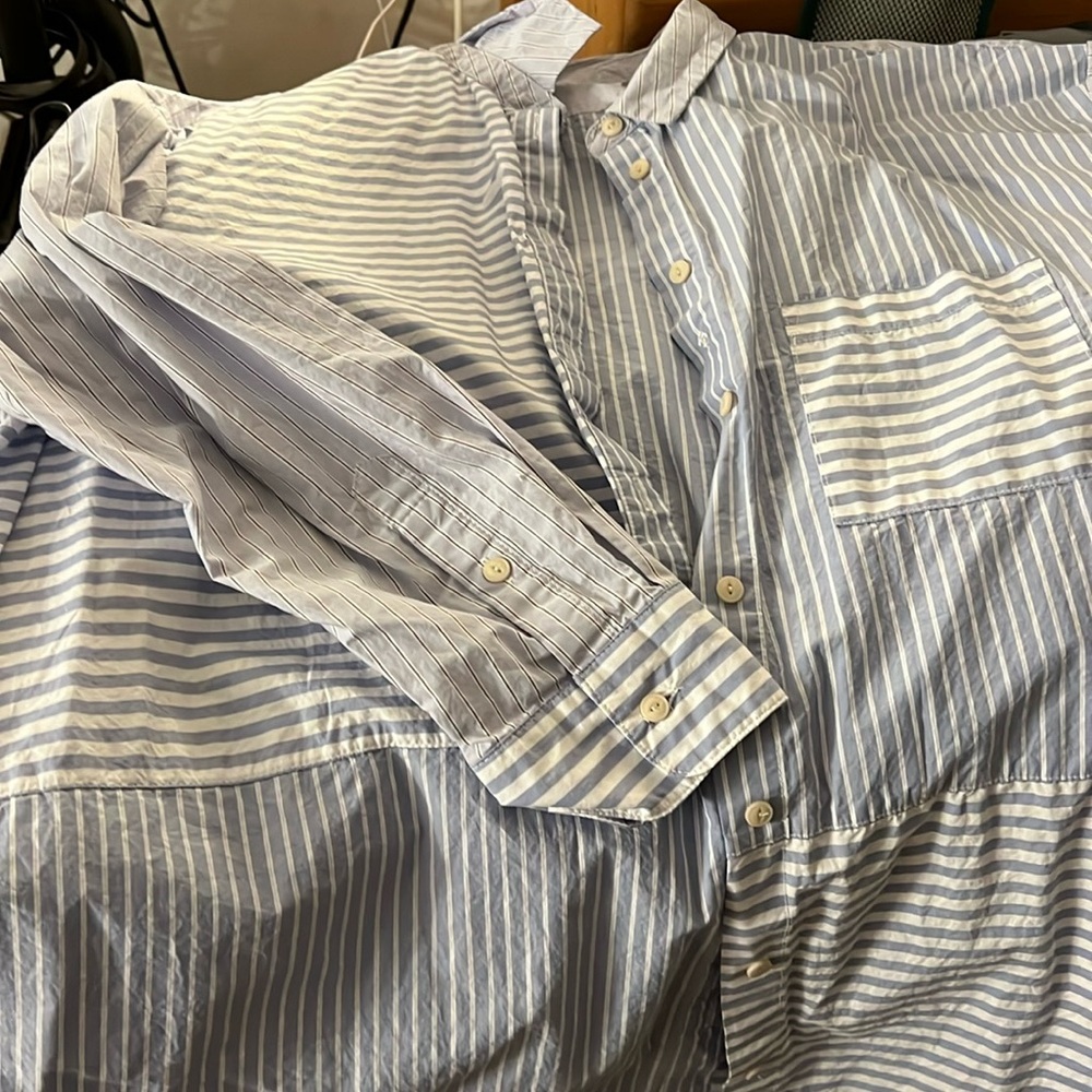 Blue and white striped shirt. Long enough to wear as dress , over leggings,